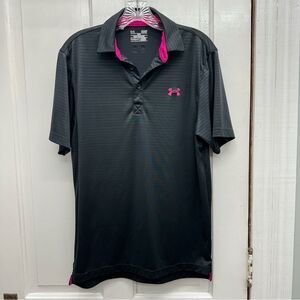 Under Armour heat gear loose fit athletic polo shirt men's small black pink logo